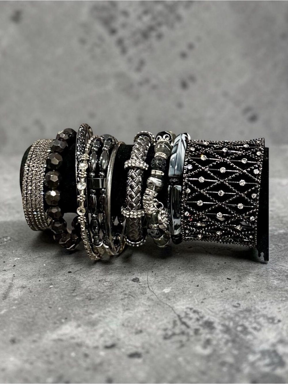 Gothic Punk Black Silver Beaded Bracelet Stack Lot